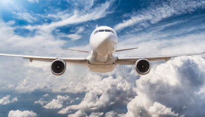 Fototapeta premium White passenger airplane flying in the sky amazing clouds in the background 