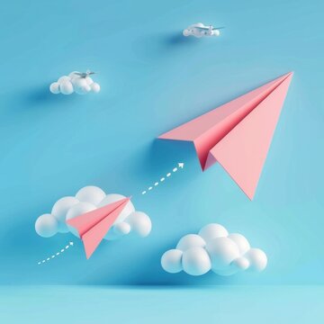 3D Paper Airplane cartoon icon. Origami paper plane. Banner template for travel with aircraft and clouds. Send message concept. Email with Bell notification isolated on blue background. Generative AI