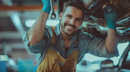 Mechanic working on car Smiling looking at camera, concept of satisfaction and pride in work done. - obrazy, fototapety, plakaty
