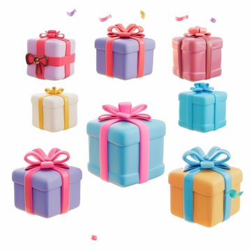 3D Set of Gift boxes. Merry Christmas and Happy Birthday surprise present. Colorful decoration holiday object. Cartoon creative design collection icon isolated on white background. Generative AI