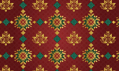 Thai Traditional Pattern Culture Background in Gold Red Green