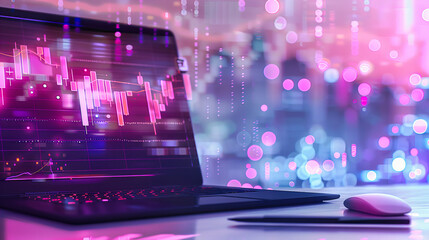 Stock market and business strategy concept with a laptop, emphasizing digital financial analysis and global trading trends