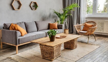 Wooden coffee table with with houseplant and wicker basket near grey sofa in living room