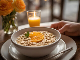 Healthy and delicious breakfast with some porridge, fruits and a glass of orange juice, perfectly served. 