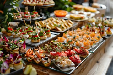 Catering table with various creative and delicious food: canape, snacks and appetizers. Catering plate. Assortment of sandwiches and tartlets on the buffet table. Meat, fish, vegetable canapes.