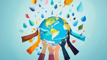 A diverse group of people from different cultures holding hands around a shrinking globe, with tears flowing from the continents like rivers. Promote global unity for water conservation.