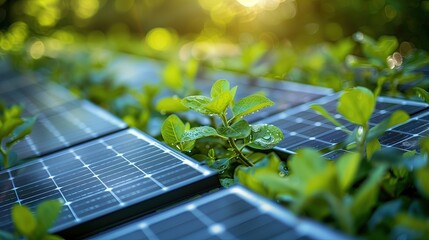 Fototapeta premium Clean energy generated by wind turbines, hydroelectric power and solar cells surrounded by green fields.