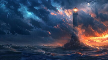 A dramatic illustration of a towering lighthouse standing firm against a backdrop of stormy seas and darkening skies, serving as a beacon of hope and guidance for those lost at sea. - obrazy, fototapety, plakaty