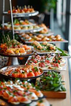 Catering table with various creative and delicious food: canape, snacks and appetizers. Catering plate. Assortment of sandwiches and tartlets on the buffet table. Meat, fish, vegetable canapes.