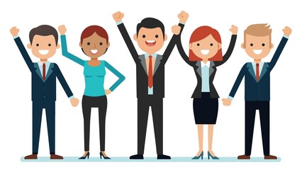 Successful professionals raising hands in agreement - Five business individuals with hands up signifying agreement, symbolizing unanimity and team success
