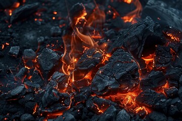 Glühende und brennende Holzkohle in Nahaufnahme  - Powered by Adobe