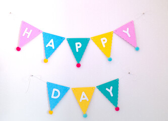 Happy day wording, Happy day messages on wall, happy day characters,  alphabet happy day on pink background.