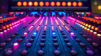 Media mixer console illuminated with colorful LEDs - obrazy, fototapety, plakaty