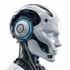 Side view of a sophisticated robot head with exposed mechanical details, representing futuristic technology.
