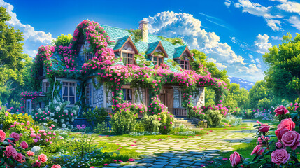Summer house in a garden, capturing the essence of rural beauty and nature with vibrant flowers and traditional architecture - obrazy, fototapety, plakaty