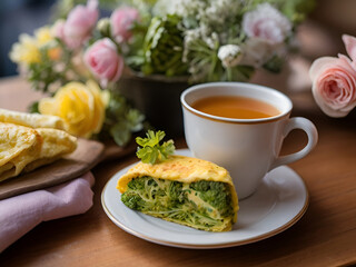 Healthy and tasty breakfast omelette with broccoli with a cup of herbal flower tea, perfectly served.
