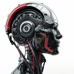 Close-up of a humanoid robot's head, showcasing detailed mechanical design with an emphasis on futuristic technology.