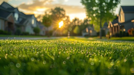 Early morning dew on manicured lawns of serene neighborhood - obrazy, fototapety, plakaty