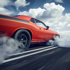 A sports car is speeding on the highway, with its wheels spitting smoke and smoke billowing from under it The background sky has white clouds floating in blue tones - obrazy, fototapety, plakaty