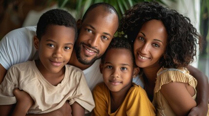 A family portrait featuring a couple with their adopted children, all dressed in casual clothes, leaning on each other comfortably for the picture. - obrazy, fototapety, plakaty
