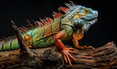 colorful iguana on the dry trunk, side view 