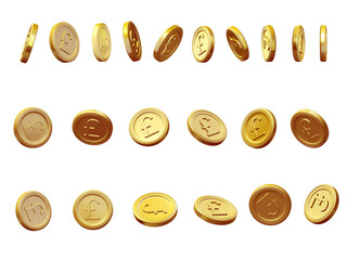British pound collection of golden coins isolated on white.