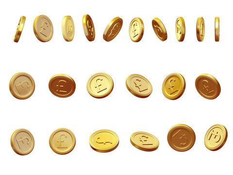 British pound collection of golden coins isolated on white.