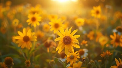 Obraz premium Helenium blossoms hosting busy bees in a lush field