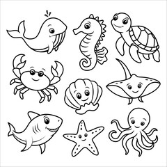 Set with cute sea animals whale, turtle, shark, starfish, crab, seahorse and octopus. Vector illustration for printing. Cute children's background. Coloring book