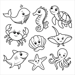 Fototapete Meeresleben Set with cute sea animals whale, turtle, shark, starfish, crab, seahorse and octopus. Vector illustration for printing. Cute children's background. Coloring book