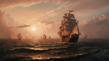 Hundreds of ships in a sea at sunset