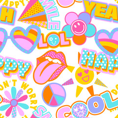 Abstract seamless groovy pattern with retro elements, words, sun, rainbow stickers. Funny texture background. Wallpaper cool teen style