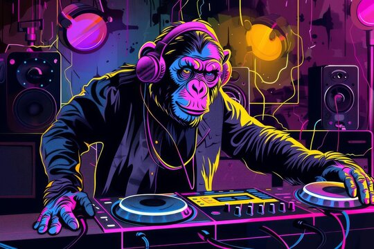 A vibrant, pop art-style illustration of a chic chimpanzee DJ mixing music in a colorful, neon-lit nightclub, digital art