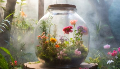 Un terrarium en bocal en verre rempli de nombreuses plantes à fleurs, matin brumeux, rêveur 