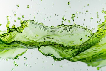 Flüssiges und spritzendes grünes Wasser, weißer Hintergrund - obrazy, fototapety, plakaty