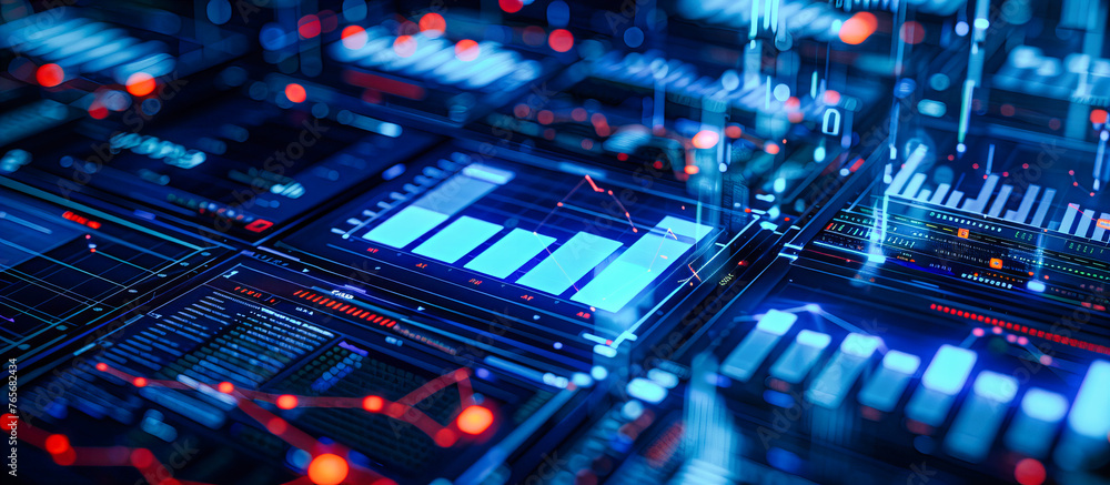 Poster technology and electronic engineering, blue digital circuit and processor, modern computer hardware 