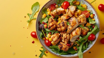 Healthy lunch bowl against a vivid yellow backdrop highlights freshness