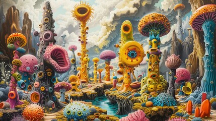 Surreal artwork depicting a fantastical realm where sentient creatures of various shapes and sizes come together to sign an integration  - obrazy, fototapety, plakaty