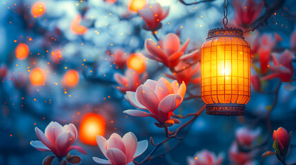 Enchanting evening scene with a warm lantern illuminating delicate magnolia blooms under a mystical...