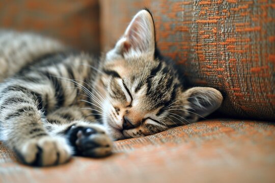 Eine süße kleine Katze schläft auf dem Sofa 