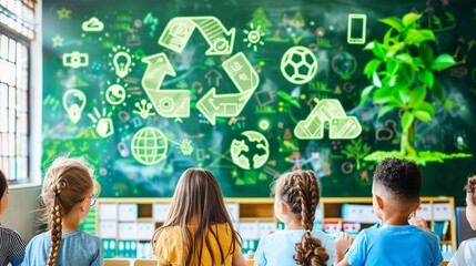 A digital classroom or educational platform teaching students about environmental science and green technology.