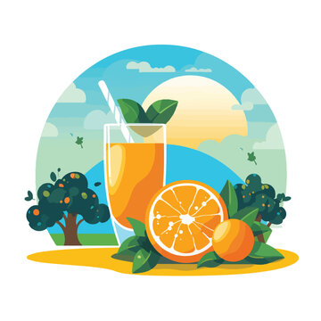 Orange juice colorful icon meadow orange tree and f