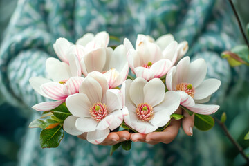 Hands cradle a cluster of delicate magnolia blossoms, symbolizing renewal and the serene beauty of...
