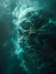 Obraz premium An astonishing digital art of skull, bioluminescent, smoke, fog background