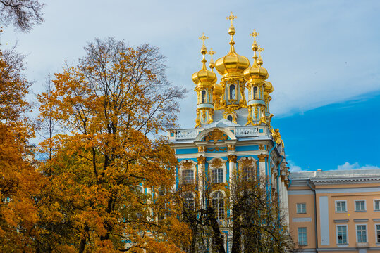 PUSHKIN, ST. PETERSBURG, RUSSIA - OCTOBER 21, 2024: View of the golden domes of the Catherine Palace.