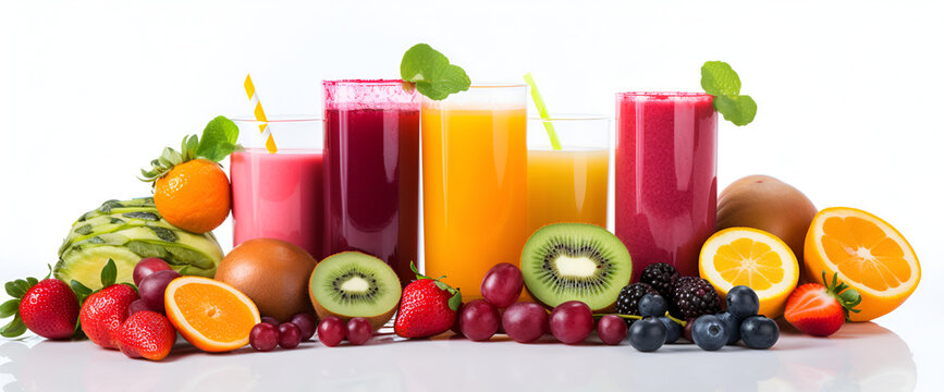 Set of fruit and vegetable and berries juice on white background ,Fresh fruit juices in glasses with straws on wooden table outdoors