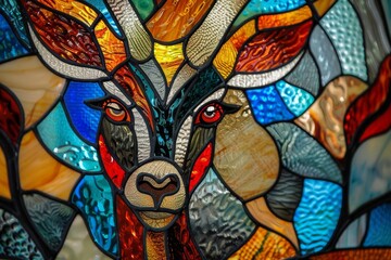 Colorful stained glass portrayal of a graceful antelope, elegant and intricate
