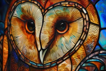 Colorful stained glass portrayal of a wise barn owl, knowledgeable and intricate
