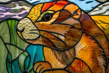 Colorful stained glass showcase of a friendly prairie dog, curious and detailed