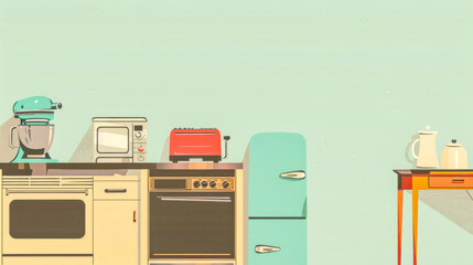Retro kitchen appliances on pastel background